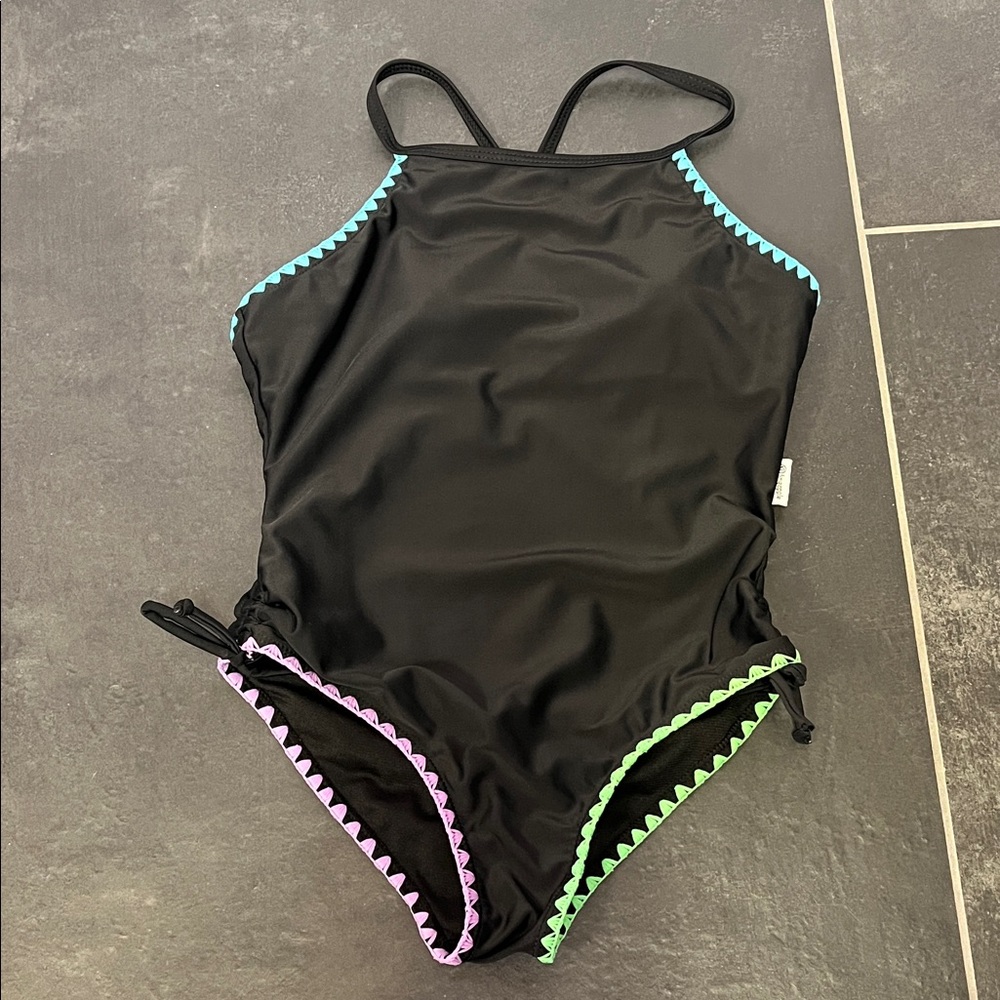 Limeapple girls Black One-Piece Swimsuit with bright colored trim size 10
